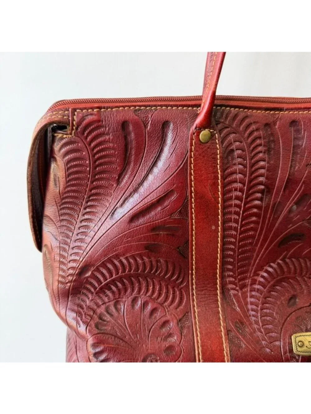 American West Tooled Leather Burgundy Western Shoulder Handbag Purse